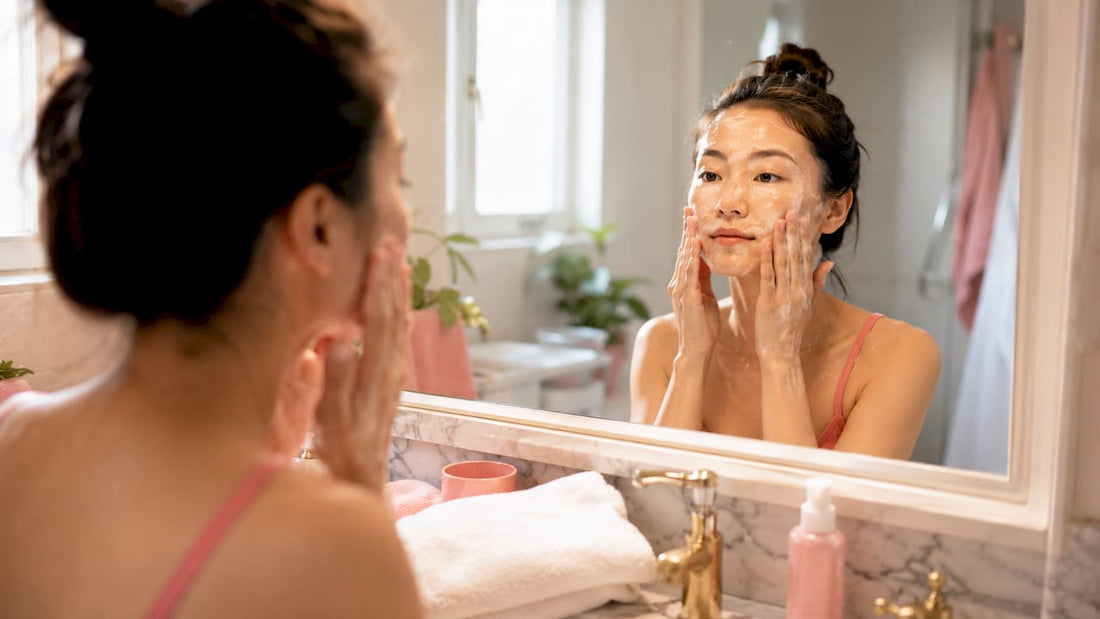 Woman applying oil-based cleanser in bathroom