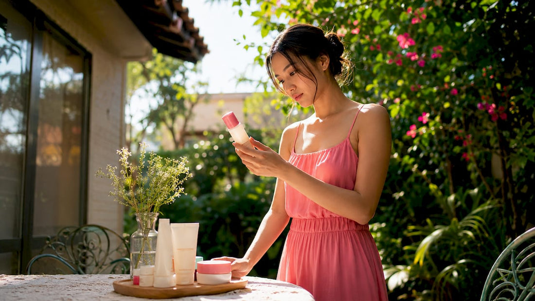 Woman reading Japanese sunscreen label at vanity