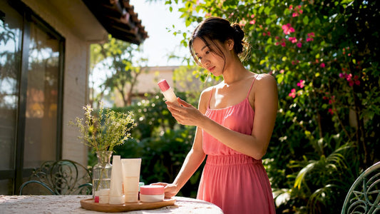Woman reading Japanese sunscreen label at vanity