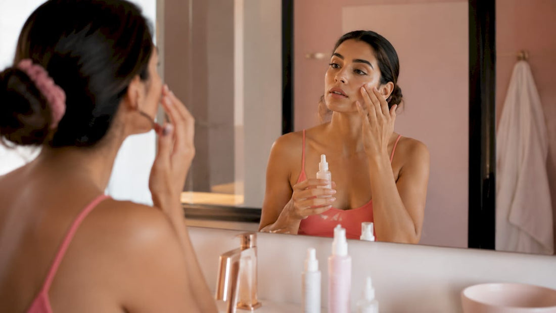 Woman applying skincare serum at vanity