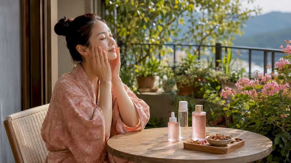 Woman applying Japanese pore care skincare lotion