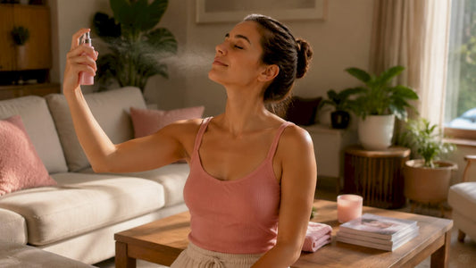 Woman applying facial mist in bathroom