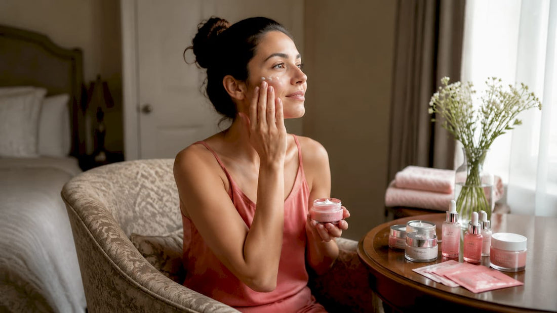 Woman applying collagen serum at bright vanity