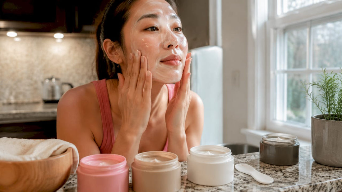 Woman applying Asian cleansing balm in bathroom