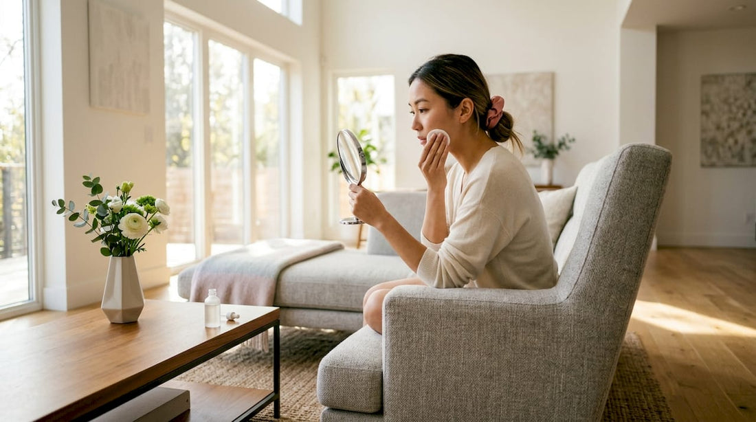 Woman applying skincare essence in bedroom