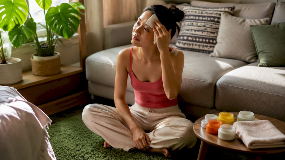 Asian woman applying blotting paper on cheek for skin test