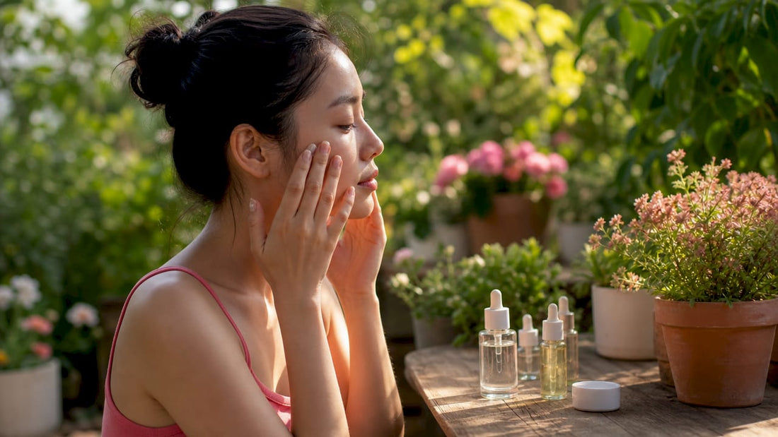 Woman applying gentle skincare serum in bathroom
