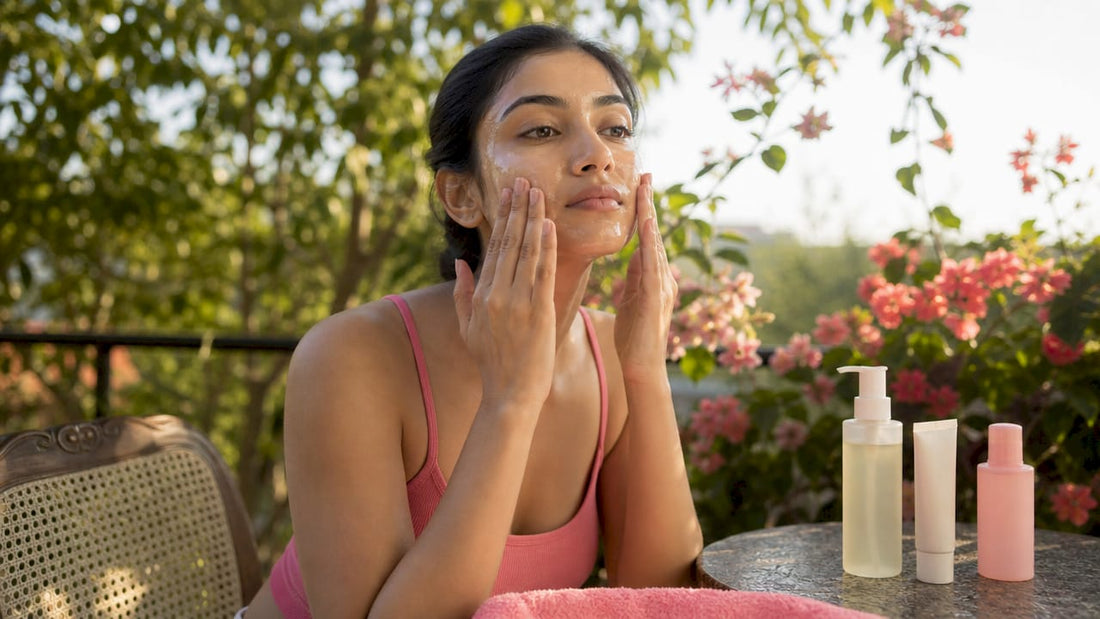 Woman applying oil cleanser in bathroom