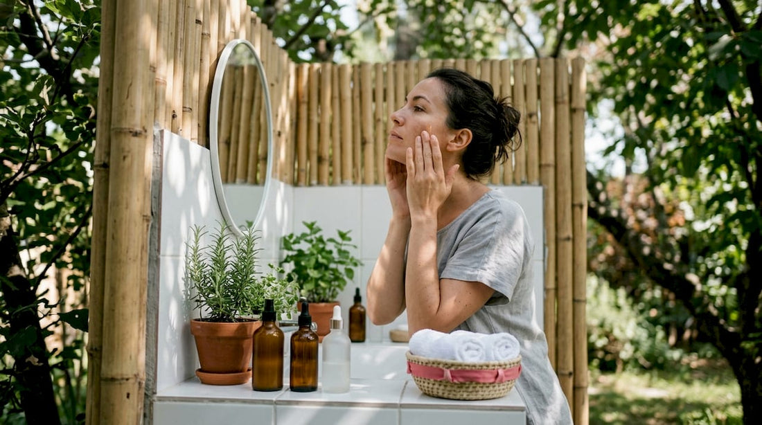 Woman applying vitamin C serum in bathroom