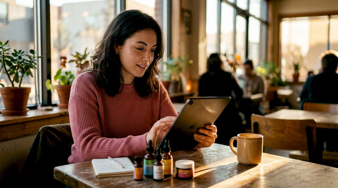 Woman browsing Asian beauty marketplaces on tablet at home