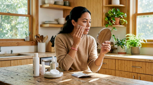Woman assessing skin type at home