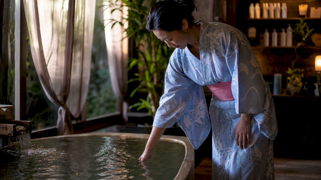 Japanese woman preparing to enter hot spring bath