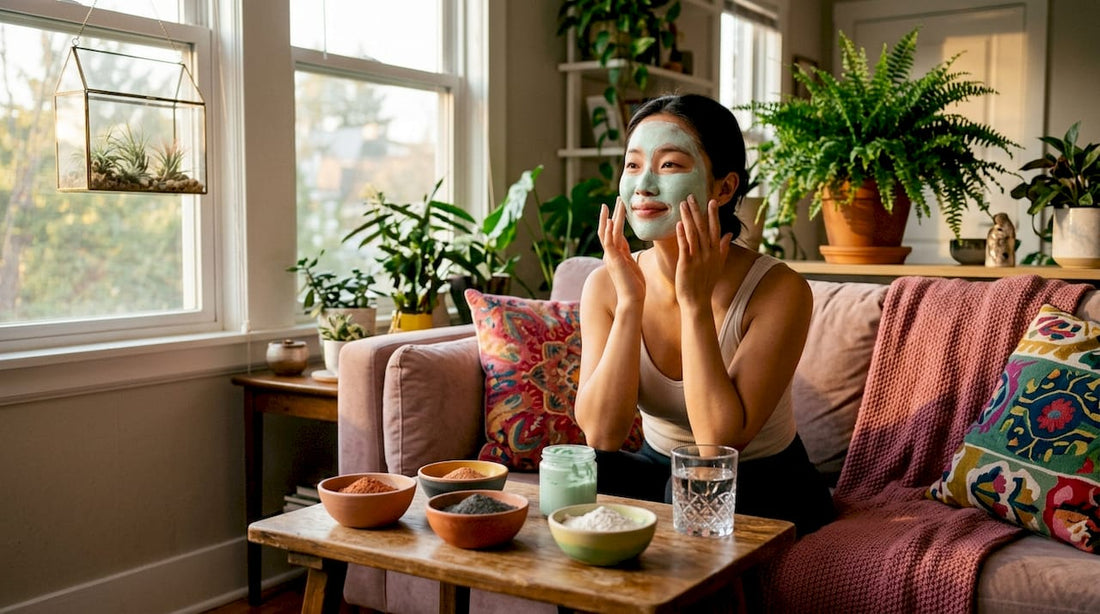 Woman applying Japanese clay mask in bathroom