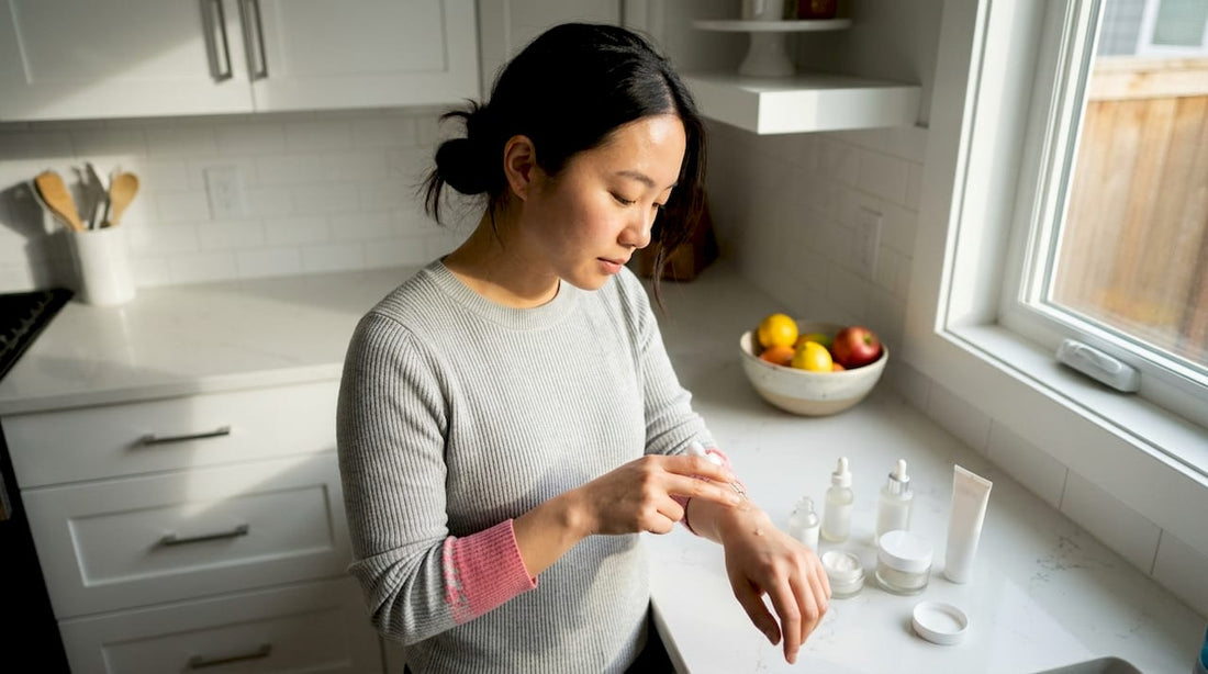 Woman patch testing skincare on forearm
