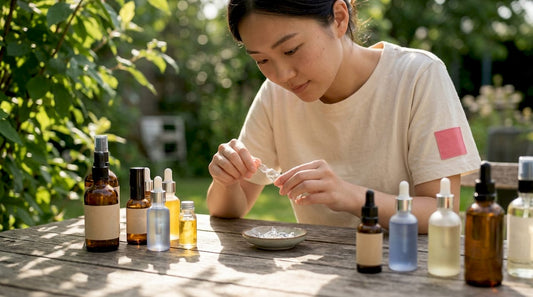 Woman holding glass ampoule skincare vial at vanity