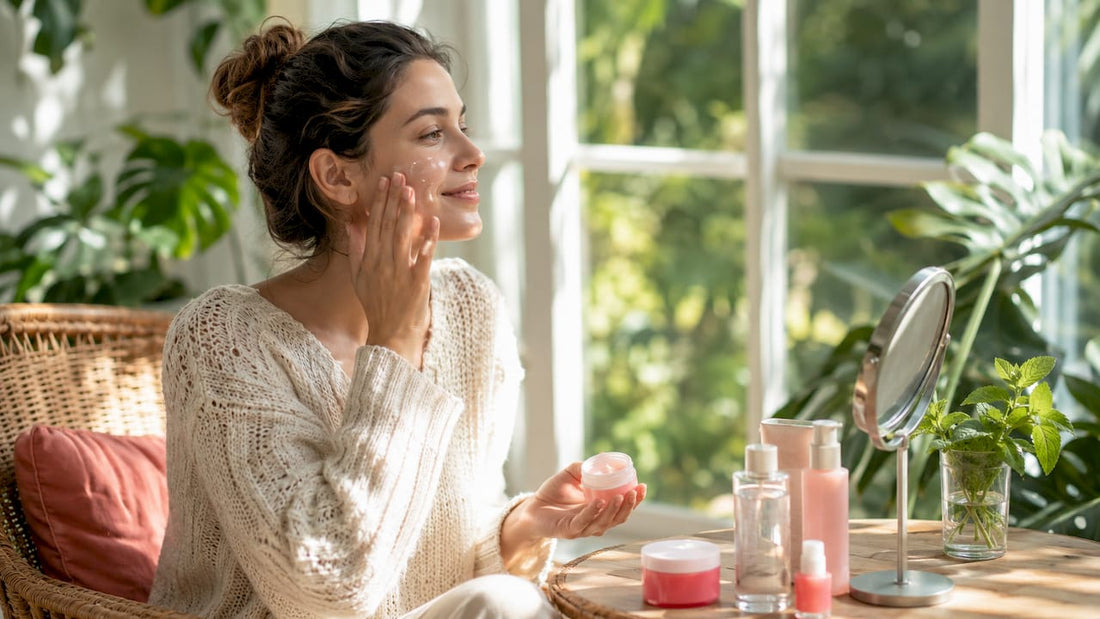 Woman applying gel cream moisturizer at vanity