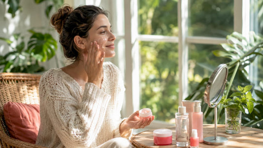 Woman applying gel cream moisturizer at vanity