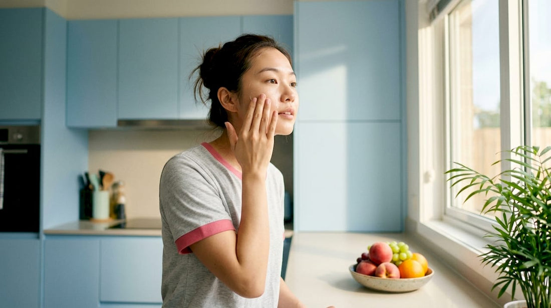 Woman applying lotion to face skincare routine