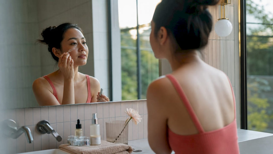 Woman applying peptide serum in bathroom