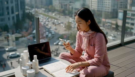 Woman ordering Korean skincare online at home