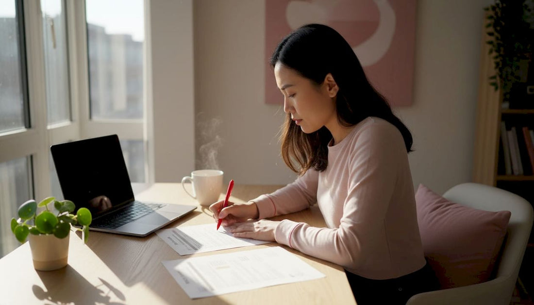 Woman reviewing skincare certification papers