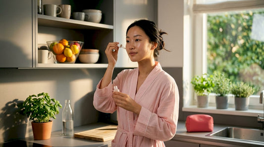 Woman applying niacinamide serum in bathroom
