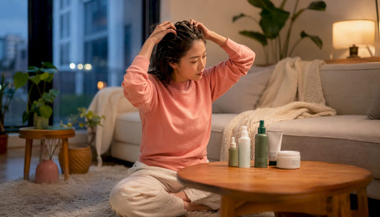 Woman massaging Korean scalp treatment in bathroom