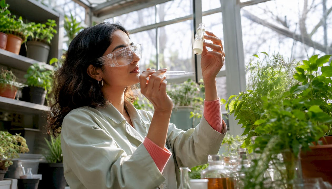 Researcher examining fermented skincare liquid in lab