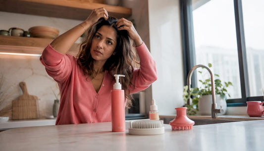 Woman applying scalp serum in bathroom mirror