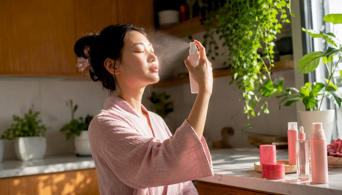 Woman applying Asian facial mist in bathroom