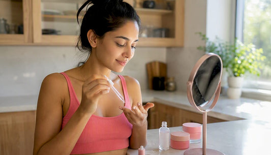 Woman applying AHA serum in bathroom