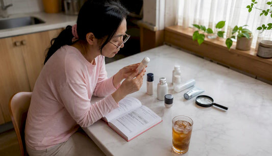 Woman examining Japanese beauty product label