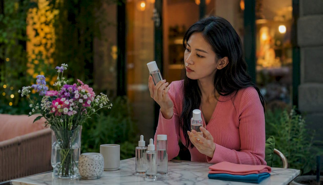 Woman comparing Japanese and Korean skincare products
