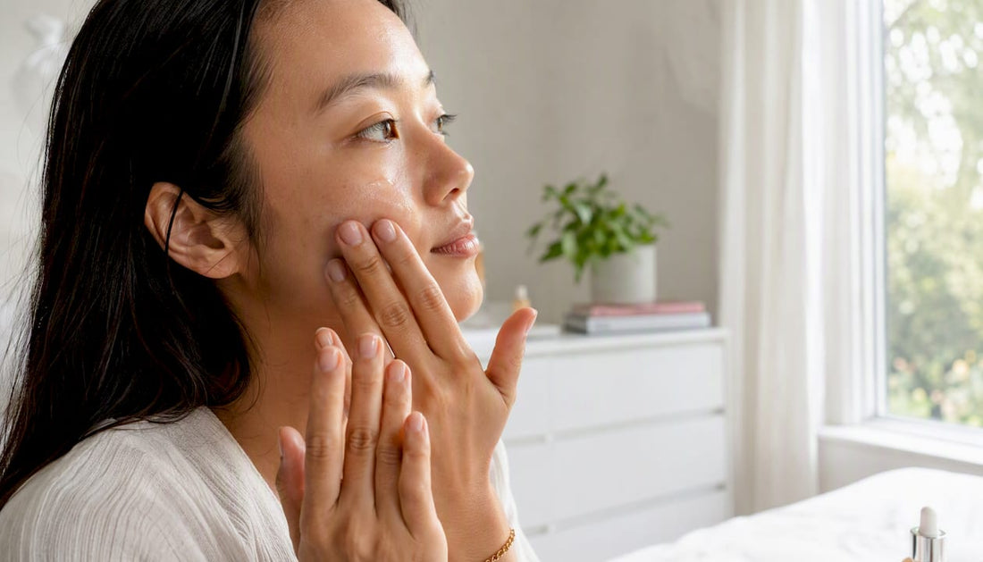 Hands applying skincare serum to face