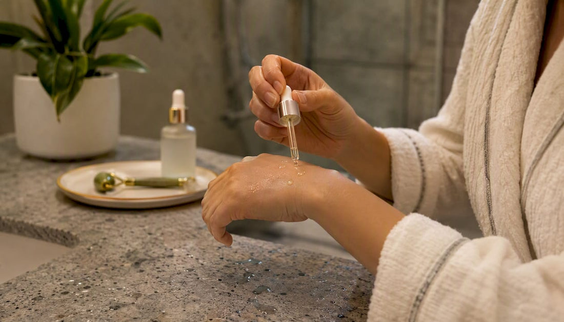 Hands applying layered water-based serum and facial oil
