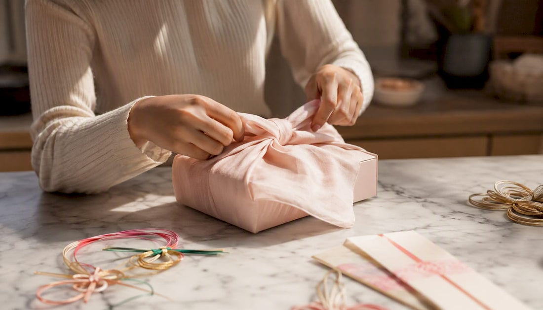 Hands wrapping a Japanese beauty gift with furoshiki cloth