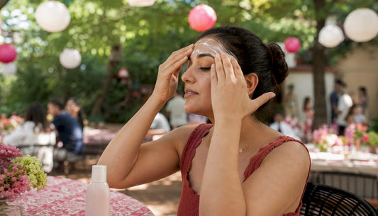 Hands applying sunscreen on face outdoors