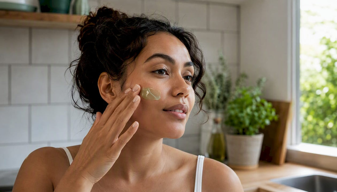 Hands applying mugwort skincare cream
