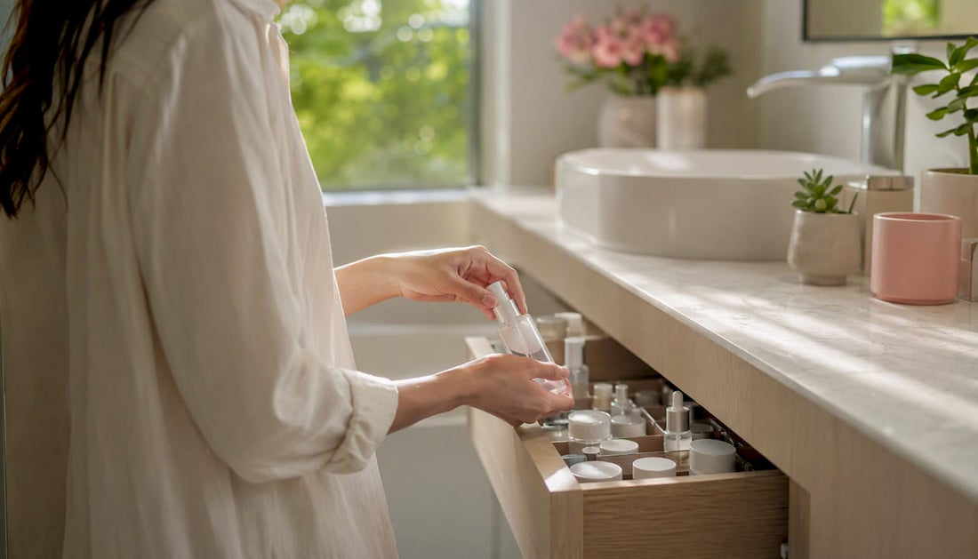 Hands picking serum from organized skincare drawer