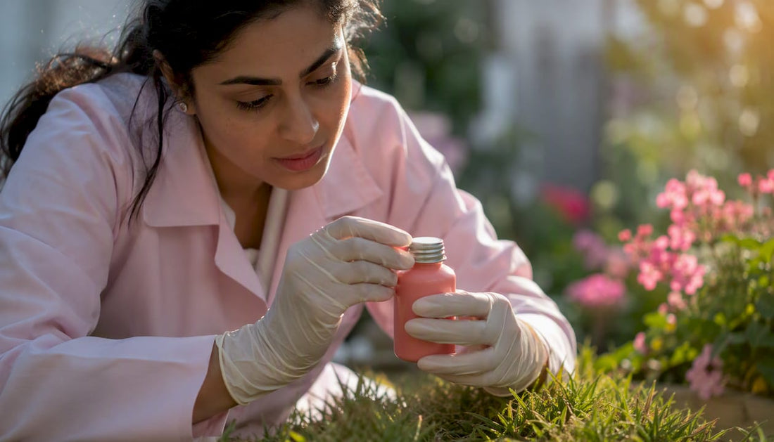 Hands inspecting cosmetic packaging in lab
