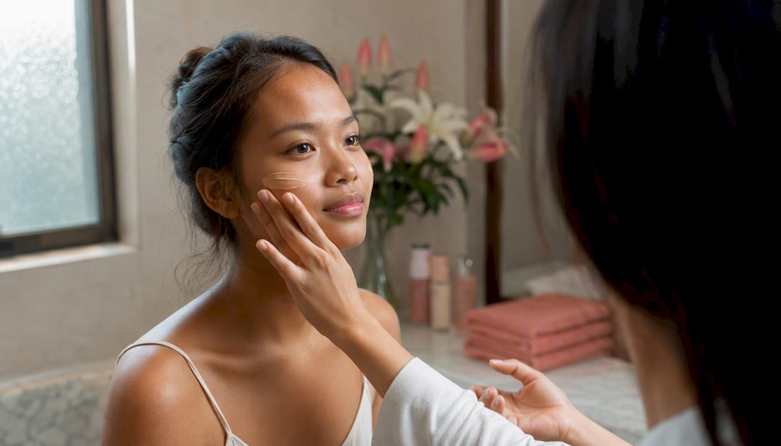 Hands applying tinted sunscreen on Asian skin