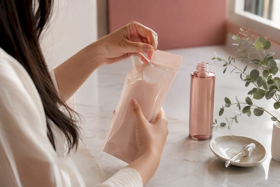 Hands unboxing Asian beauty product refill pouch