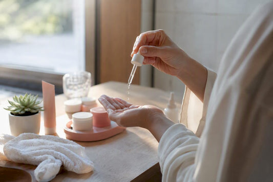 Hands holding serum with minimalist skincare setup