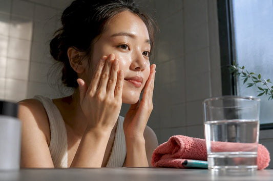 Hands pressing essence into hydrated skin
