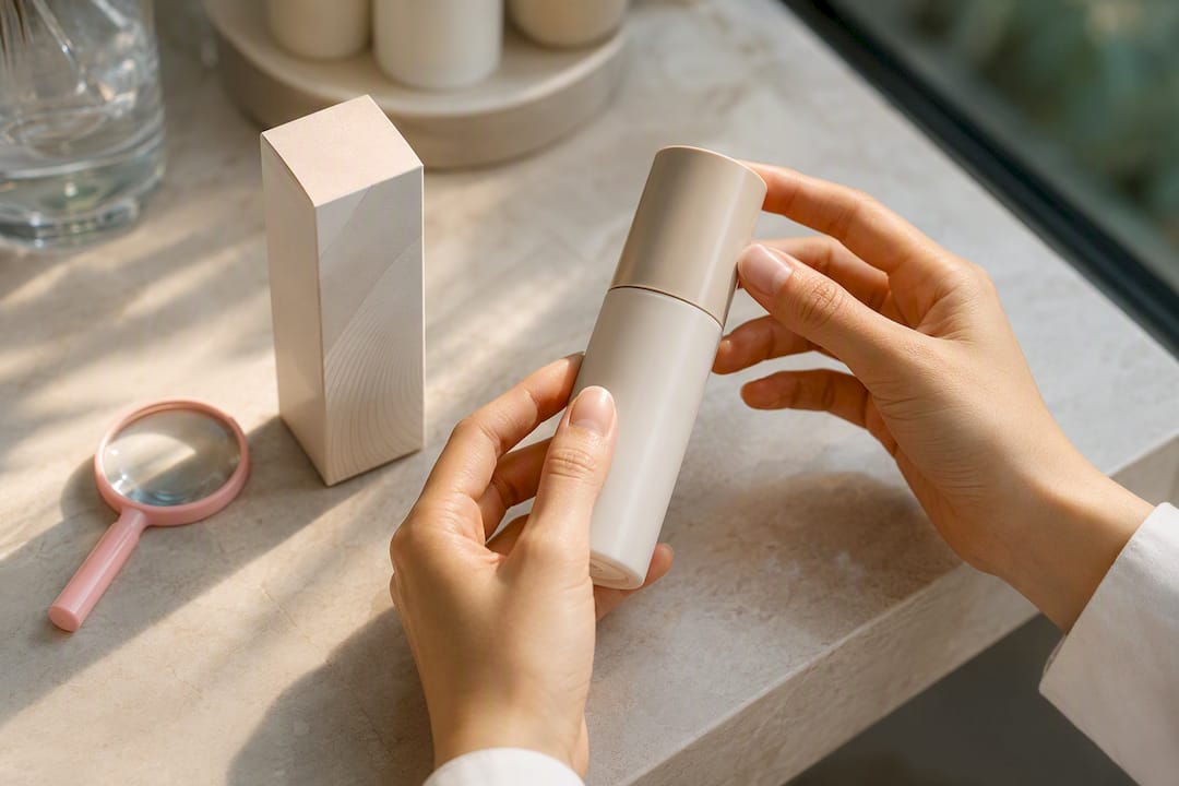 Hands inspecting an anonymous scalp serum package